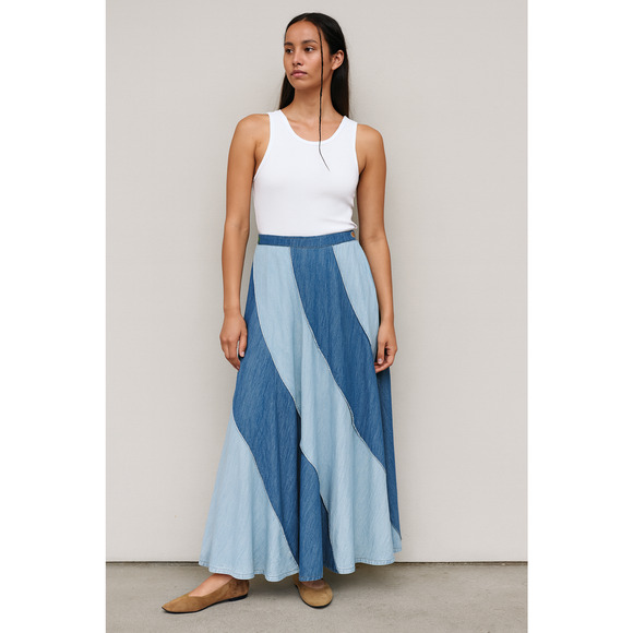 Free People Swirl Denim Maxi Skirt Womens Small? Blue Patchwork Cowgirl Western - Picture 1 of 14